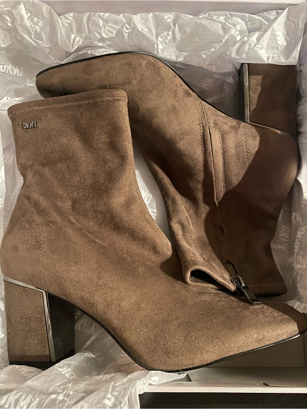 DKNY Taupe Suede Block Heel Ankle Boots